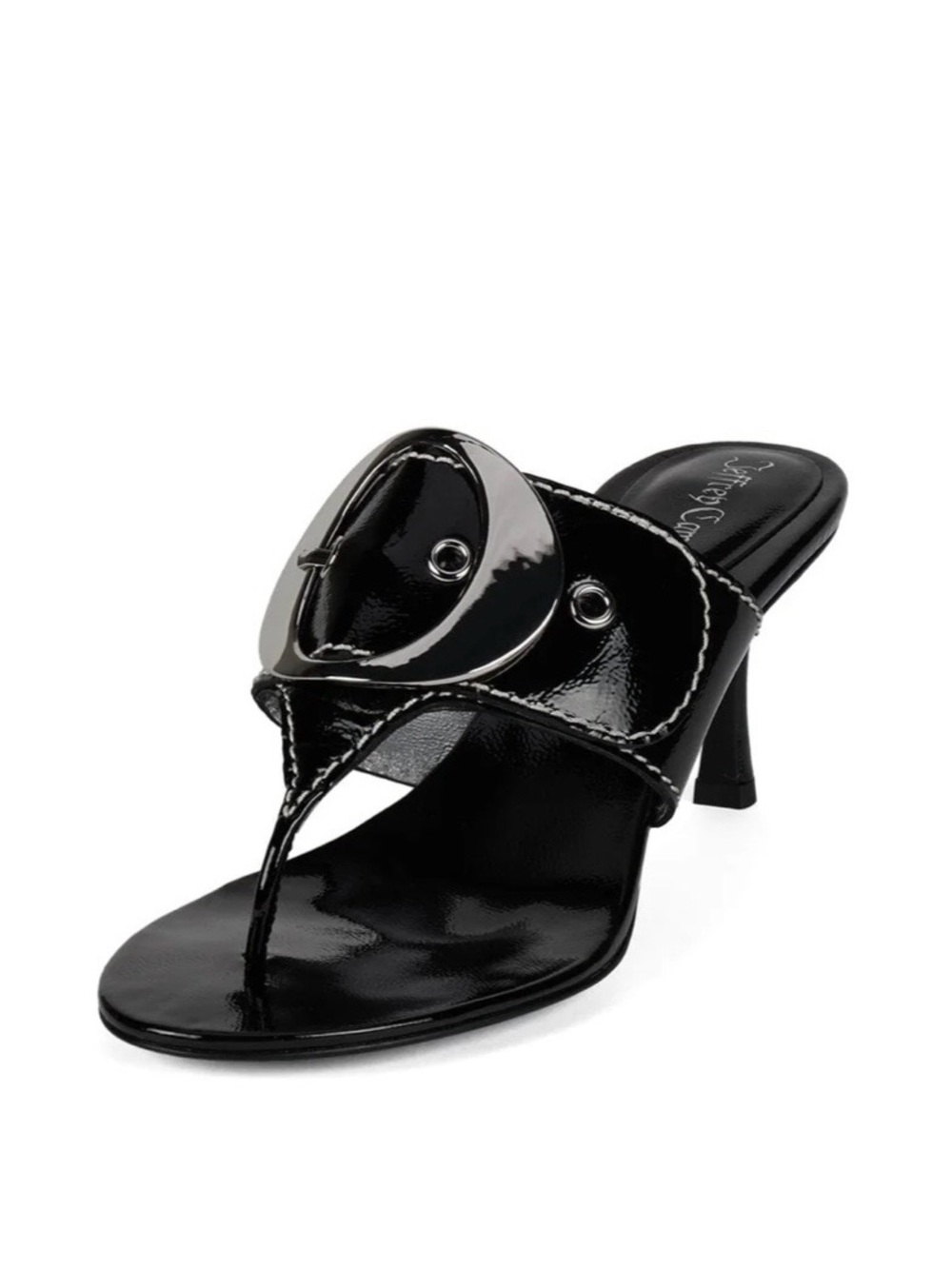 Jeffrey Campbell Black Patent Thong Heel with Shiny Buckle Accent